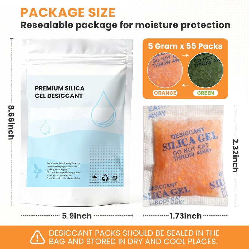 VRURC Color-Indicating Silica Gel Desiccant Packets – 5 Gram (55 Pack) Food-Grade Premium Moisture Absorber, Re-Activatable Desiccant for Food Storage, Seeds, Electronics, and 3D Printing Supplies - Image 5